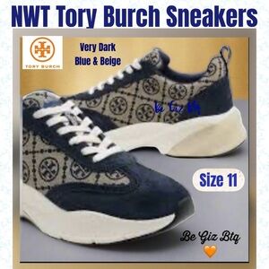 🆑NWT Authentic Tory Burch T Monogram Good Luck Sneakers M Navy Blue Size 11
